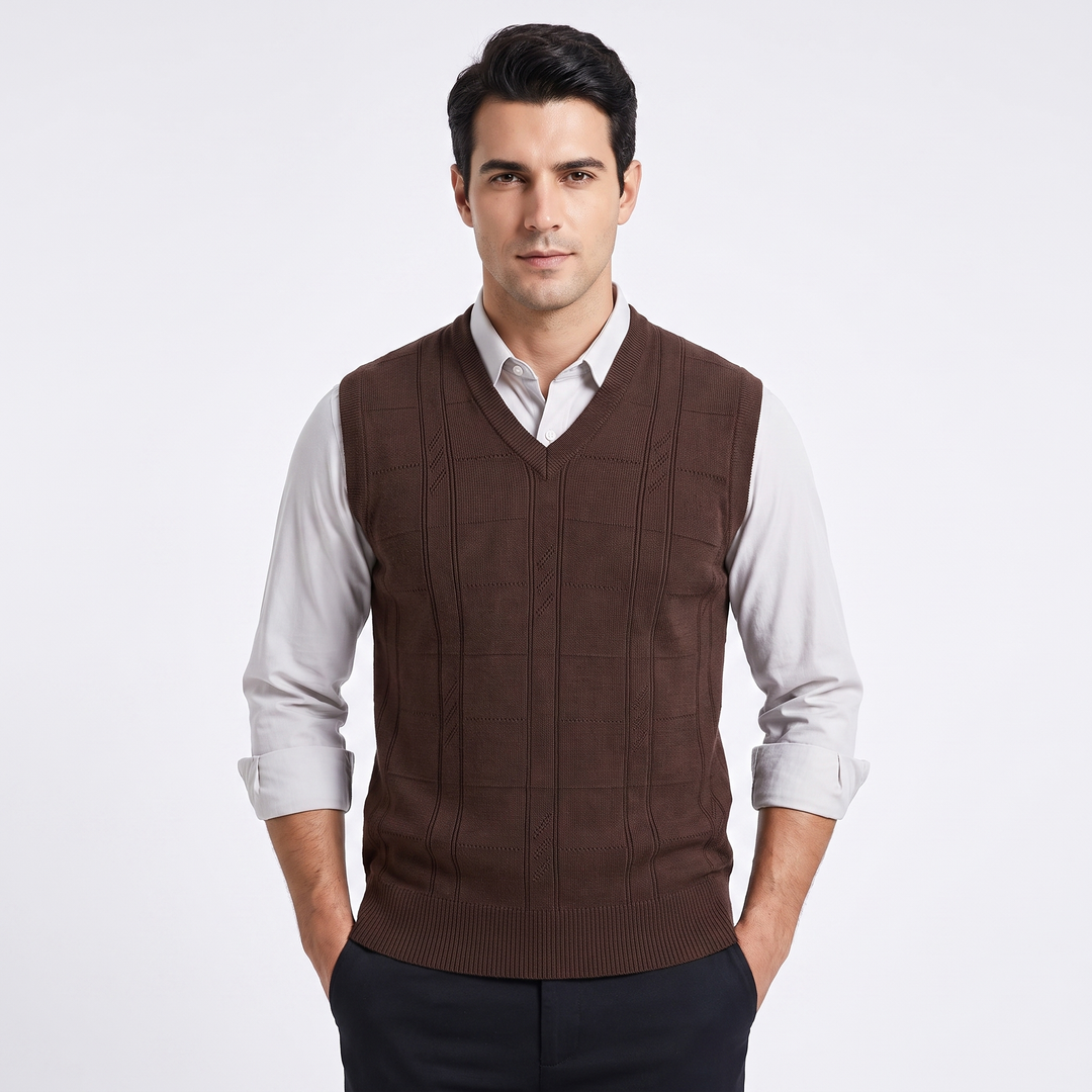 Men's V-Neck Knit Sweater Vest Sleeveless Argyle Texture Slim Fit Smart Casual Top