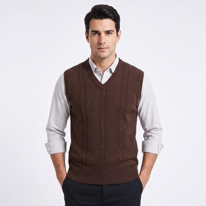 Men's V-Neck Knit Sweater Vest Sleeveless Argyle Texture Slim Fit Smart Casual Top
