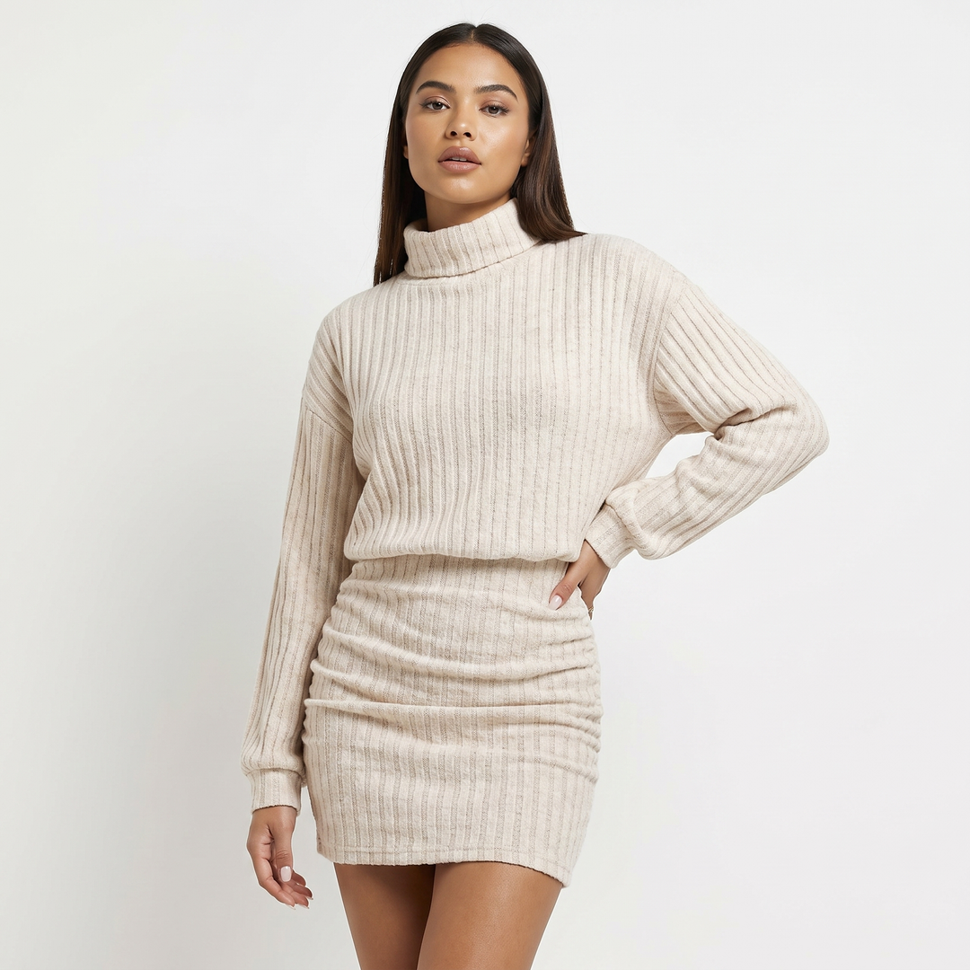 Women's Ribbed Knit Turtleneck Sweater Mini Dress Long Sleeve Bodycon Jumper Dress