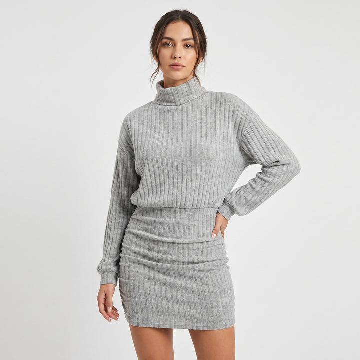 Women's Ribbed Knit Turtleneck Sweater Mini Dress Long Sleeve Bodycon Jumper Dress