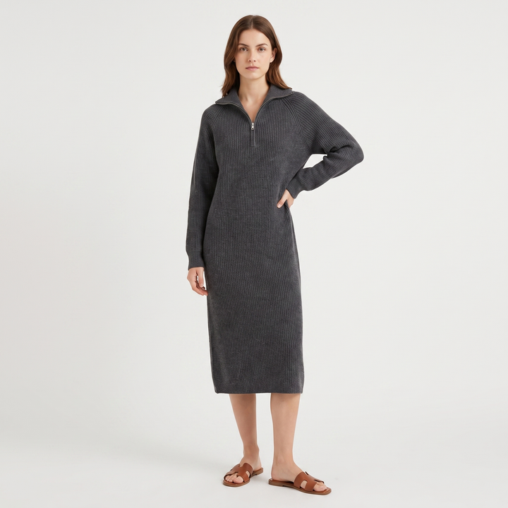 Women's Half Zip Ribbed Knit Midi Dress Long Sleeve Polo Neck Sweater Dress