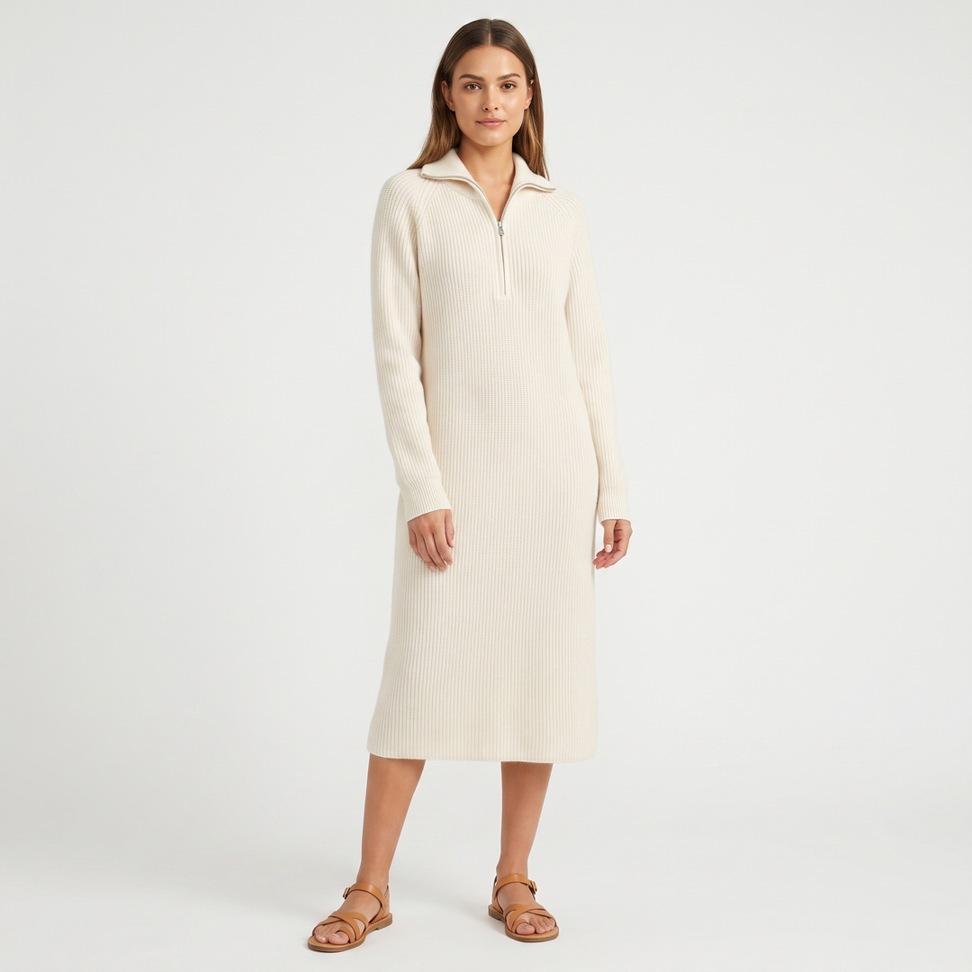 Women's Half Zip Ribbed Knit Midi Dress Long Sleeve Polo Neck Sweater Dress