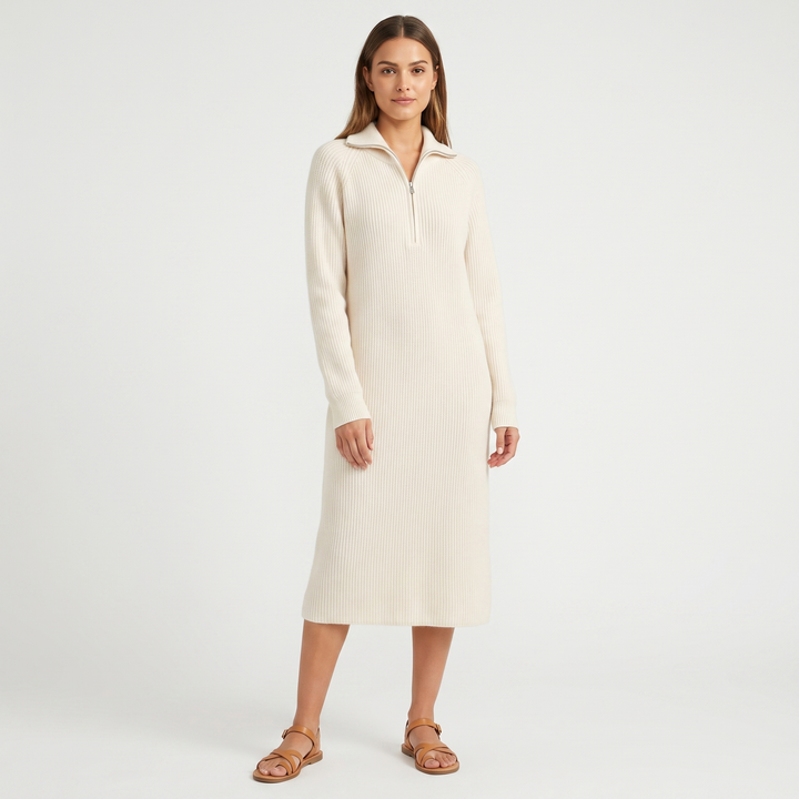 Women's Half Zip Ribbed Knit Midi Dress Long Sleeve Polo Neck Sweater Dress