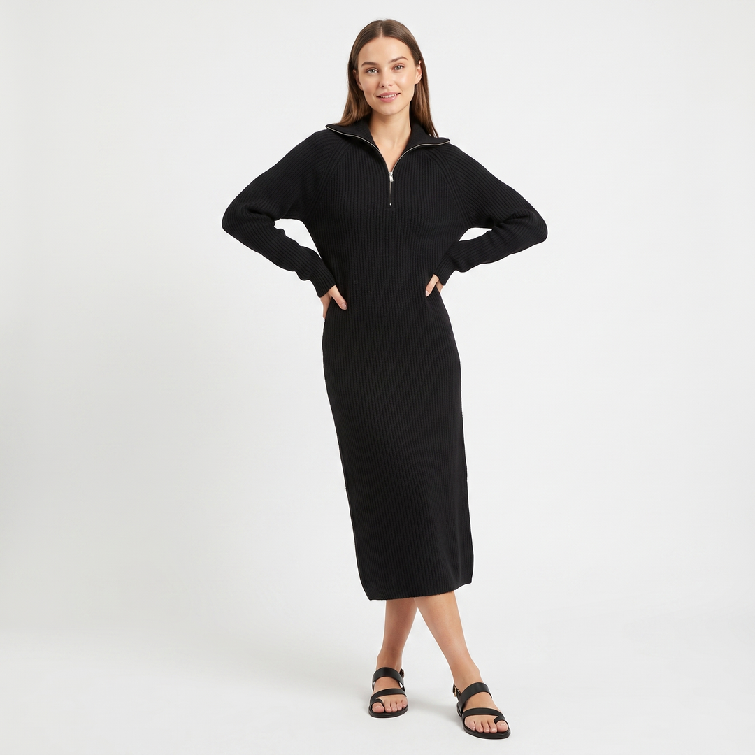 Women's Half Zip Ribbed Knit Midi Dress Long Sleeve Polo Neck Sweater Dress