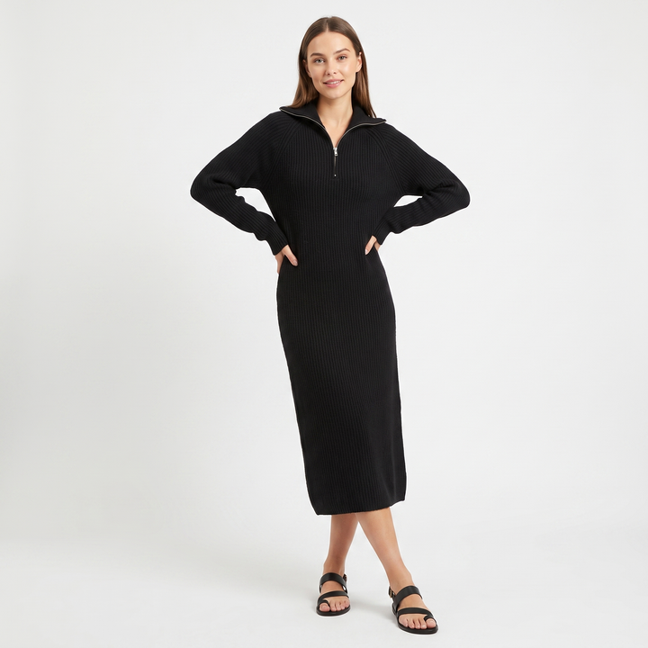 Women's Half Zip Ribbed Knit Midi Dress Long Sleeve Polo Neck Sweater Dress