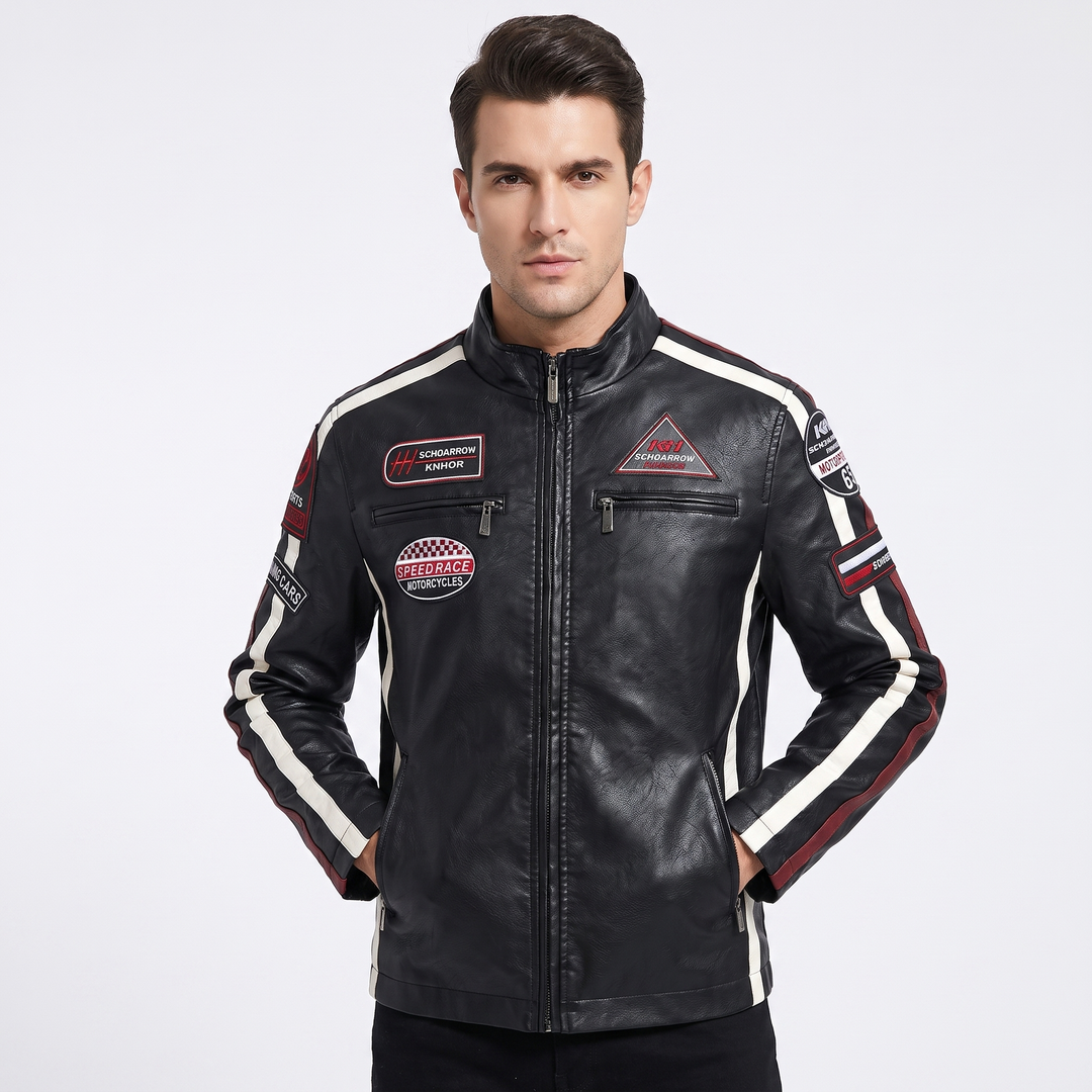 Men's Racing Patch Faux Leather Biker Jacket Zip Up Stripe Moto Casual Coat