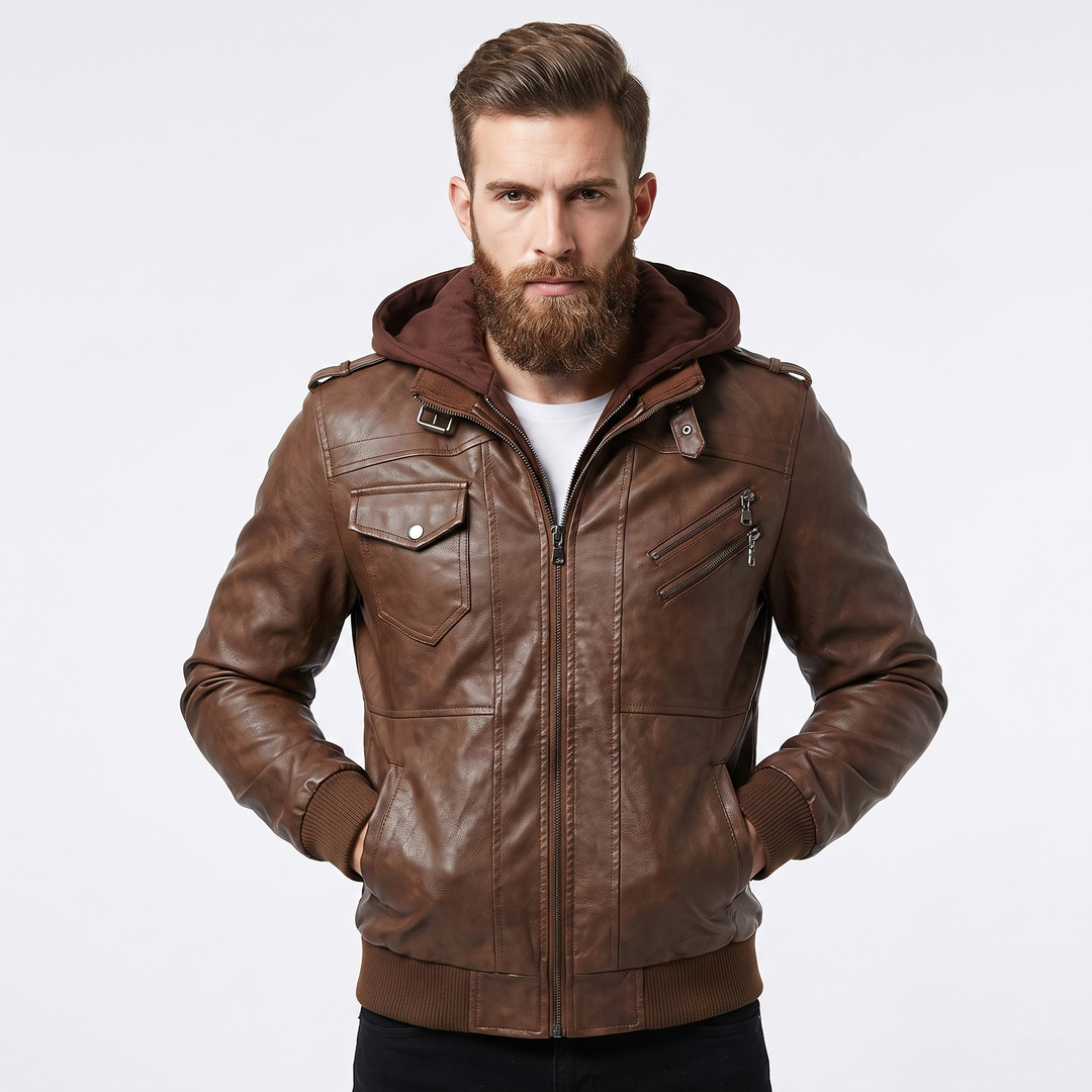 Men's Faux Leather Bomber Jacket Removable Hood Multi Pocket Zip Up Biker Coat