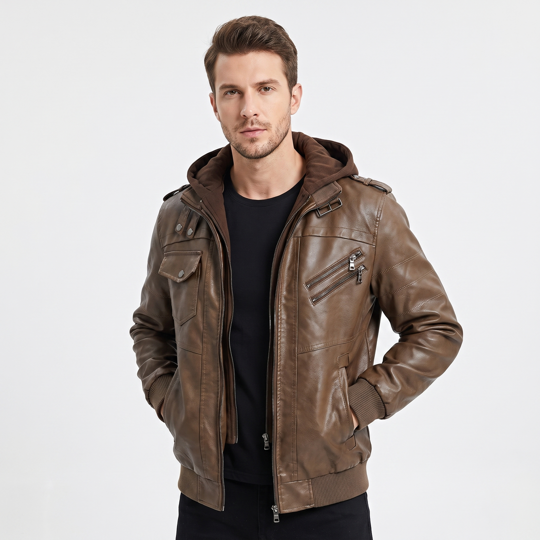 Men's Faux Leather Bomber Jacket Removable Hood Multi Pocket Zip Up Biker Coat