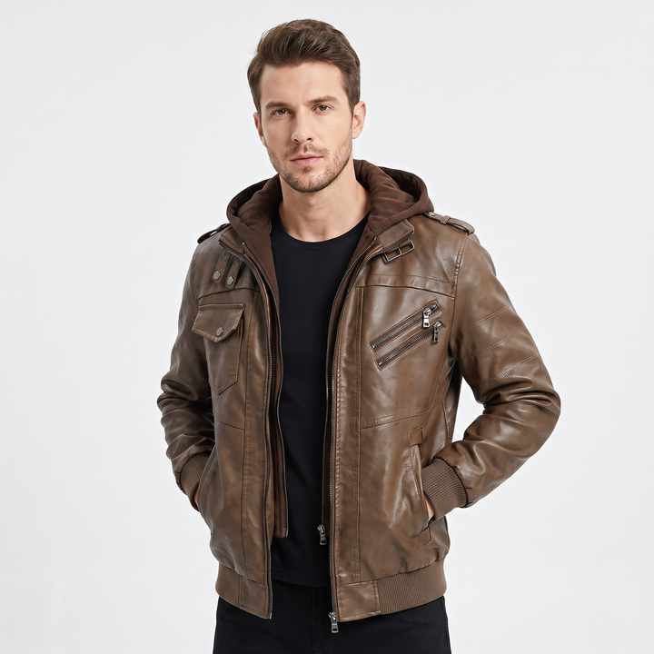 Men's Faux Leather Bomber Jacket Removable Hood Multi Pocket Zip Up Biker Coat