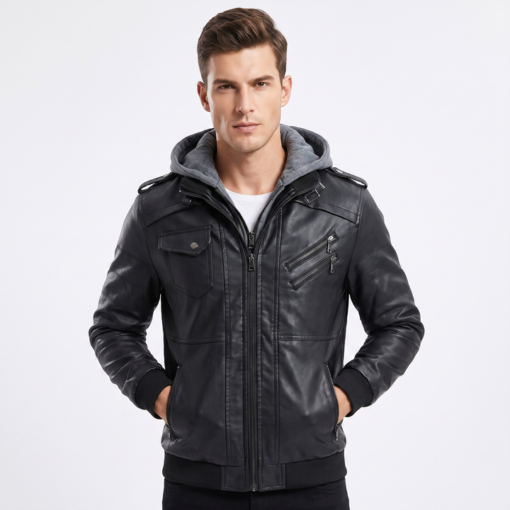 Men's Faux Leather Bomber Jacket Removable Hood Multi Pocket Zip Up Biker Coat