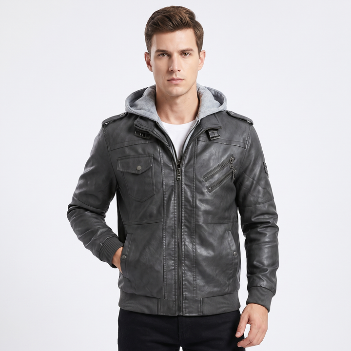 Men's Faux Leather Bomber Jacket Removable Hood Multi Pocket Zip Up Biker Coat