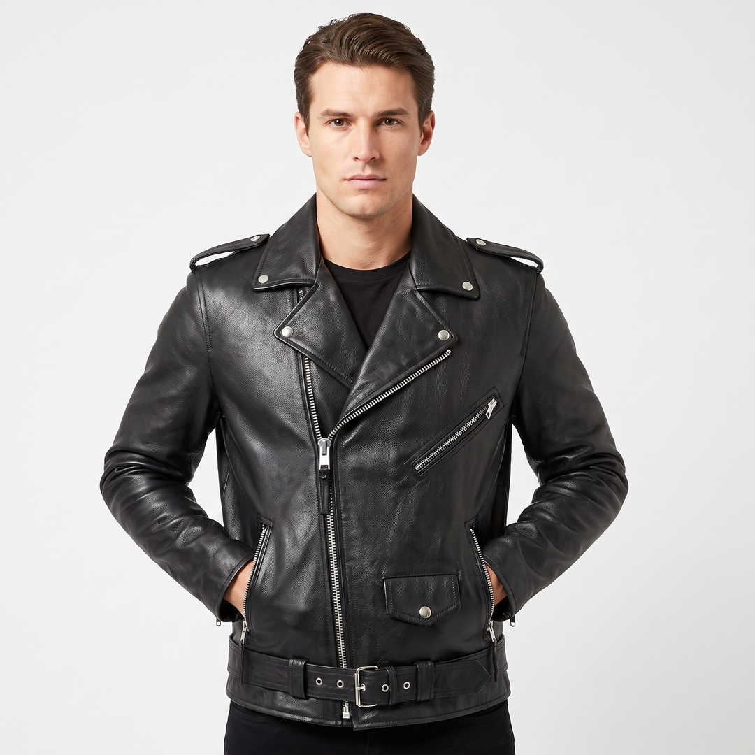 Men's Leather Biker Jacket Slim-Fit Moto Style with Silver Hardware