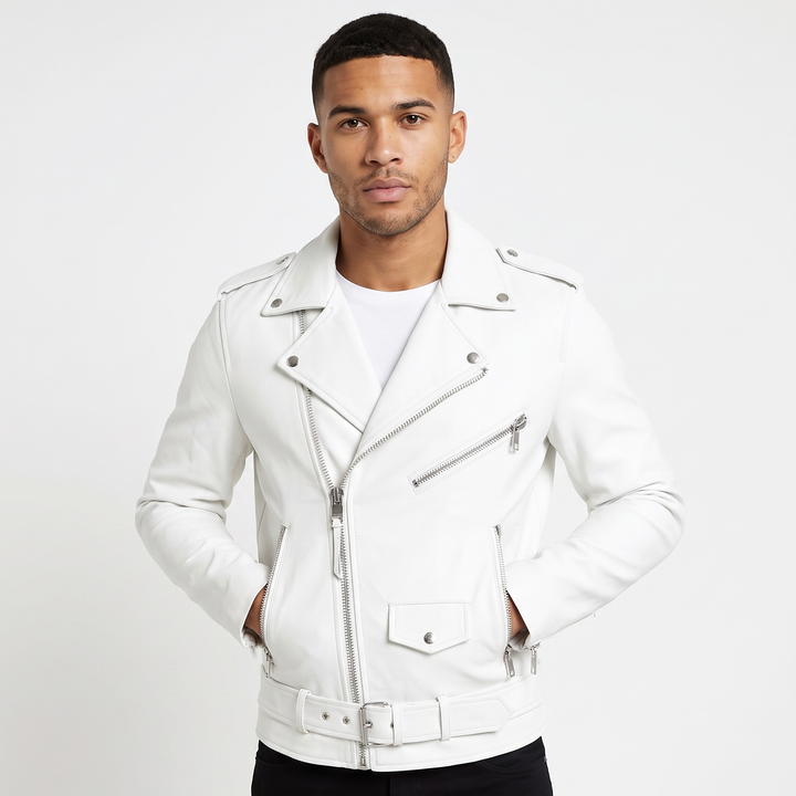 Men's Leather Biker Jacket Slim-Fit Moto Style with Silver Hardware