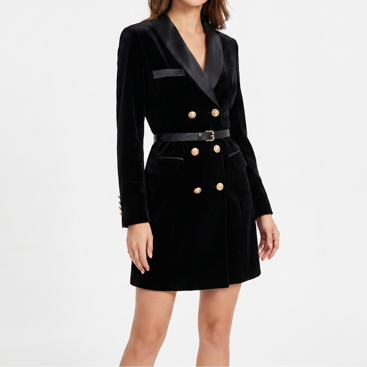 Women's Velvet Double-Breasted Belted Mini Satin Blazer Dress