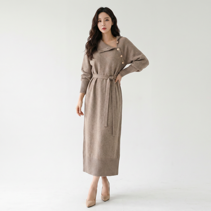 Women's Knit Sweater Midi Dress Belted Asymmetric Collar Long Sleeve