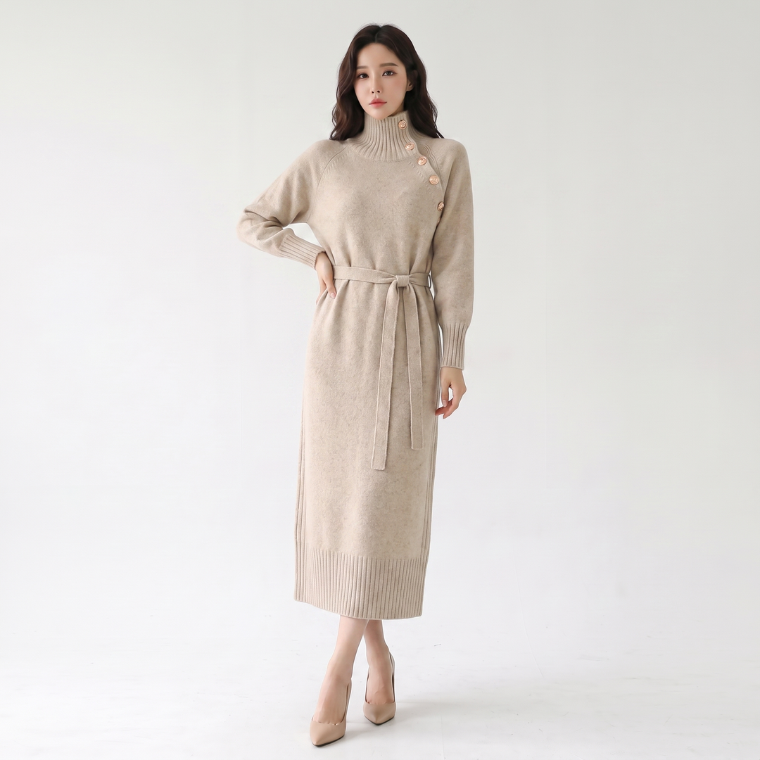 Women's Knit Sweater Midi Dress Belted Asymmetric Collar Long Sleeve