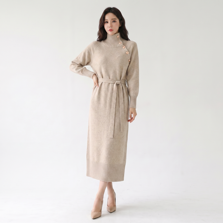 Women's Knit Sweater Midi Dress Belted Asymmetric Collar Long Sleeve
