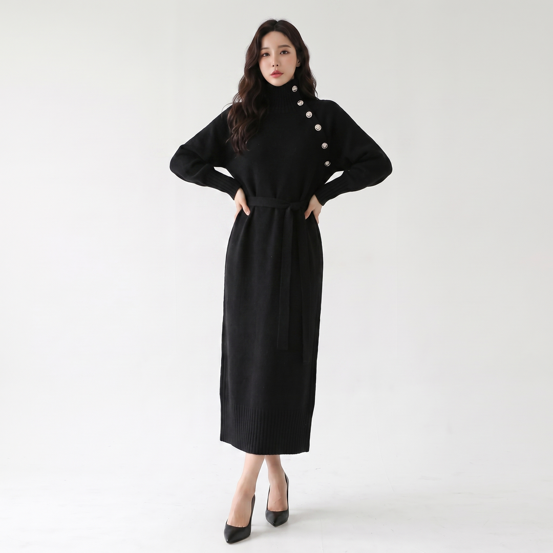 Women's Knit Sweater Midi Dress Belted Asymmetric Collar Long Sleeve