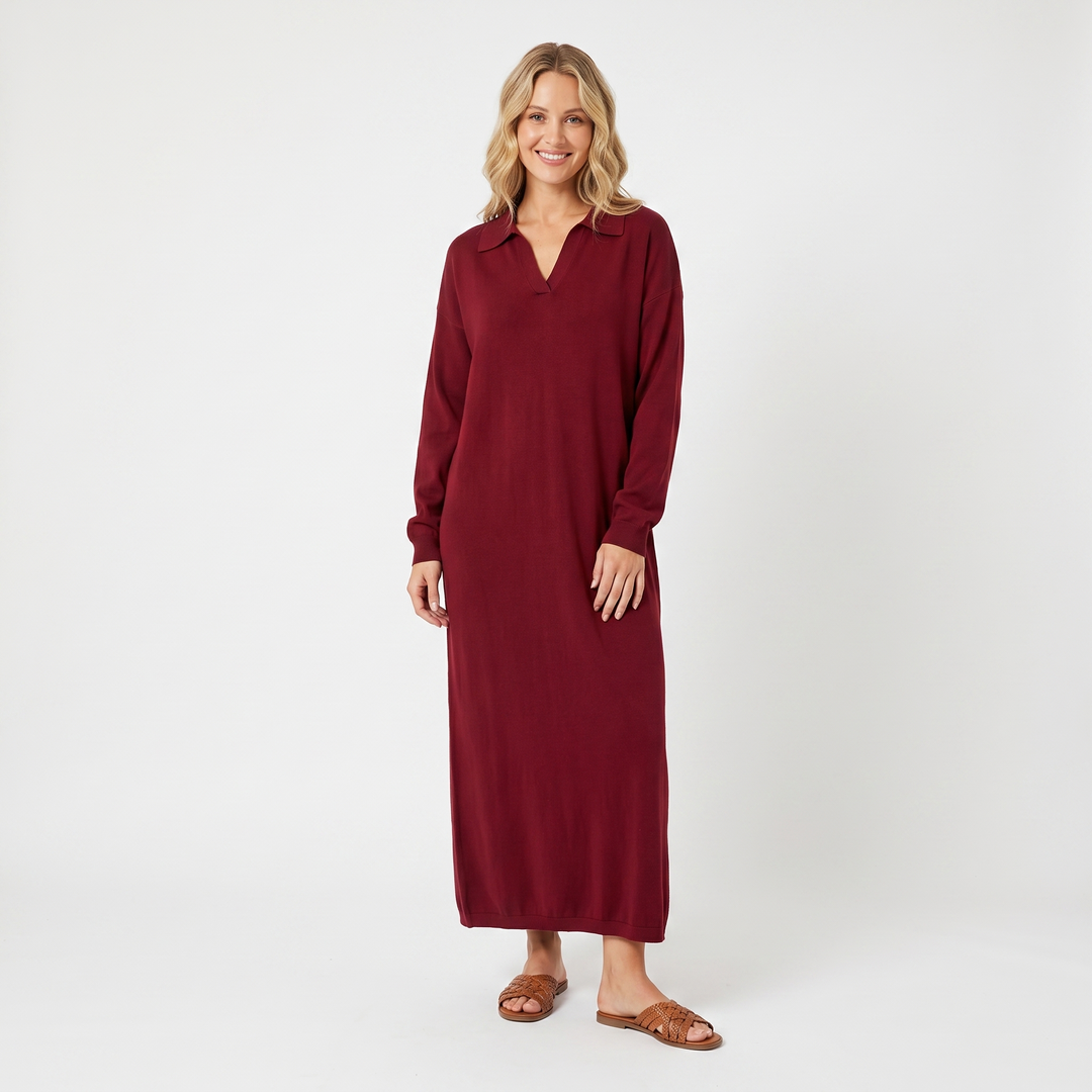 Women's Knit Polo Collar Maxi Dress Long Sleeve Relaxed Fit Sweater Dress