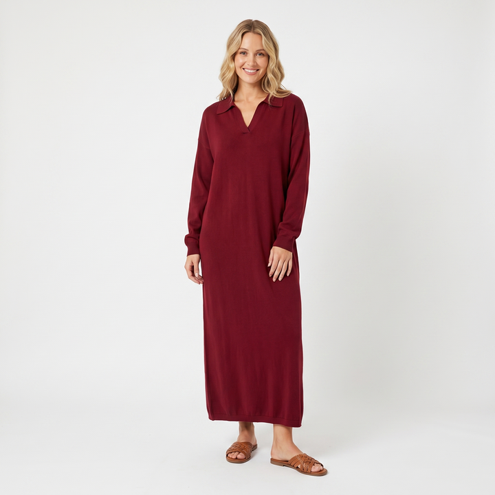 Women's Knit Polo Collar Maxi Dress Long Sleeve Relaxed Fit Sweater Dress