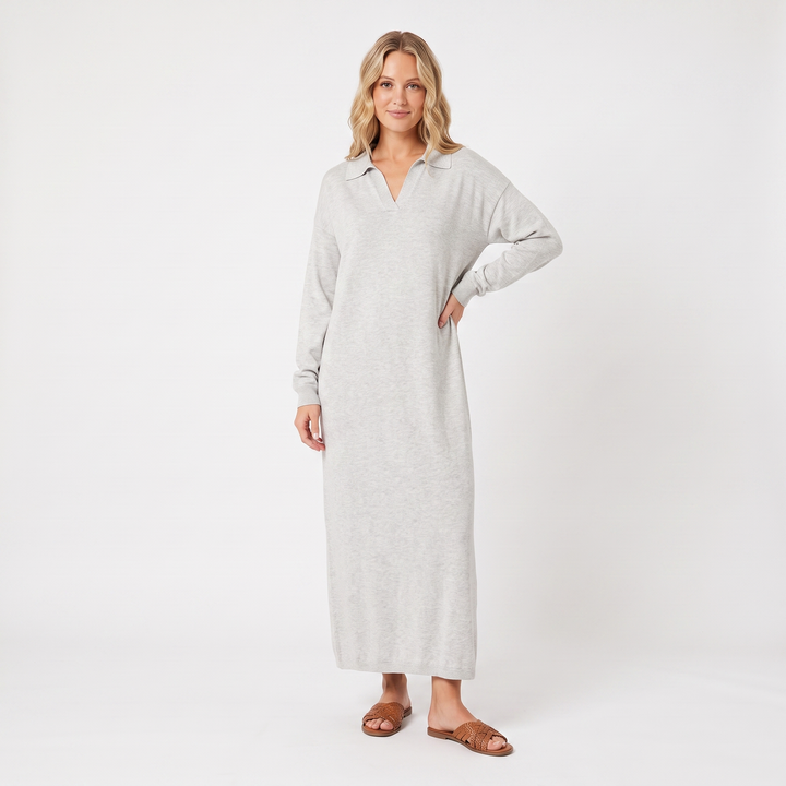 Women's Knit Polo Collar Maxi Dress Long Sleeve Relaxed Fit Sweater Dress