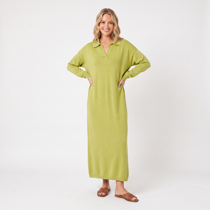 Women's Knit Polo Collar Maxi Dress Long Sleeve Relaxed Fit Sweater Dress