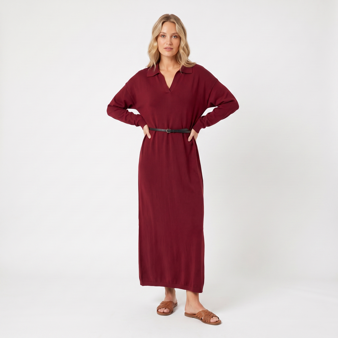Women's Knit Polo Collar Maxi Dress Long Sleeve Relaxed Fit Sweater Dress