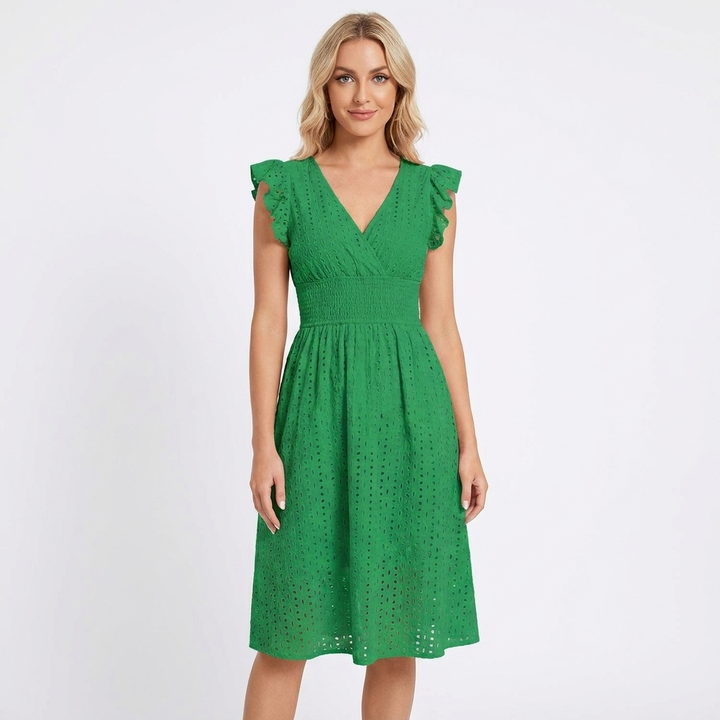Women's Eyelet Cotton V-Neck Midi Dress Ruffle Sleeve Smocked Waist