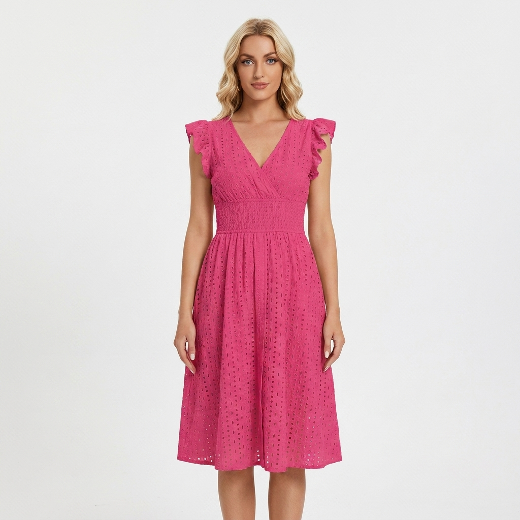 Women's Eyelet Cotton V-Neck Midi Dress Ruffle Sleeve Smocked Waist