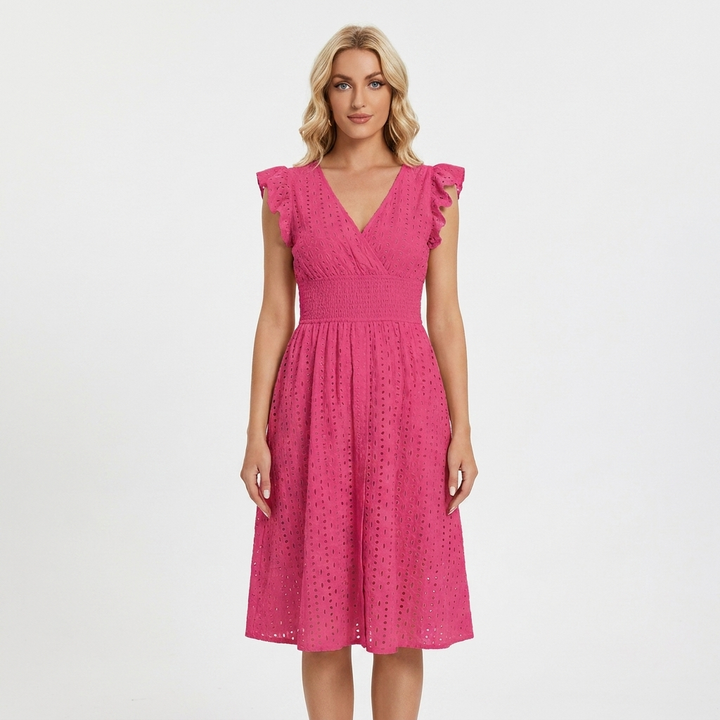 Women's Eyelet Cotton V-Neck Midi Dress Ruffle Sleeve Smocked Waist