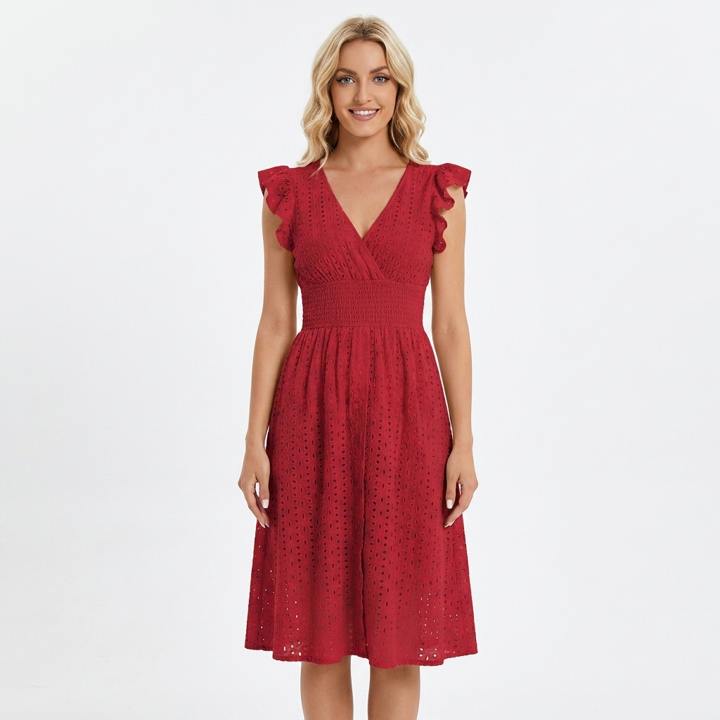 Women's Eyelet Cotton V-Neck Midi Dress Ruffle Sleeve Smocked Waist