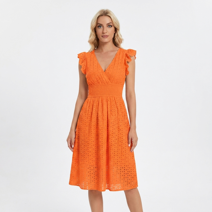 Women's Eyelet Cotton V-Neck Midi Dress Ruffle Sleeve Smocked Waist