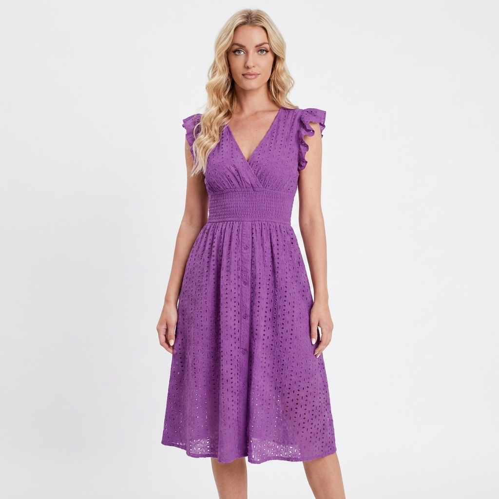 Women's Eyelet Cotton V-Neck Midi Dress Ruffle Sleeve Smocked Waist