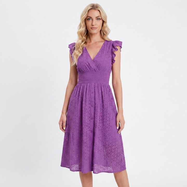 Women's Eyelet Cotton V-Neck Midi Dress Ruffle Sleeve Smocked Waist