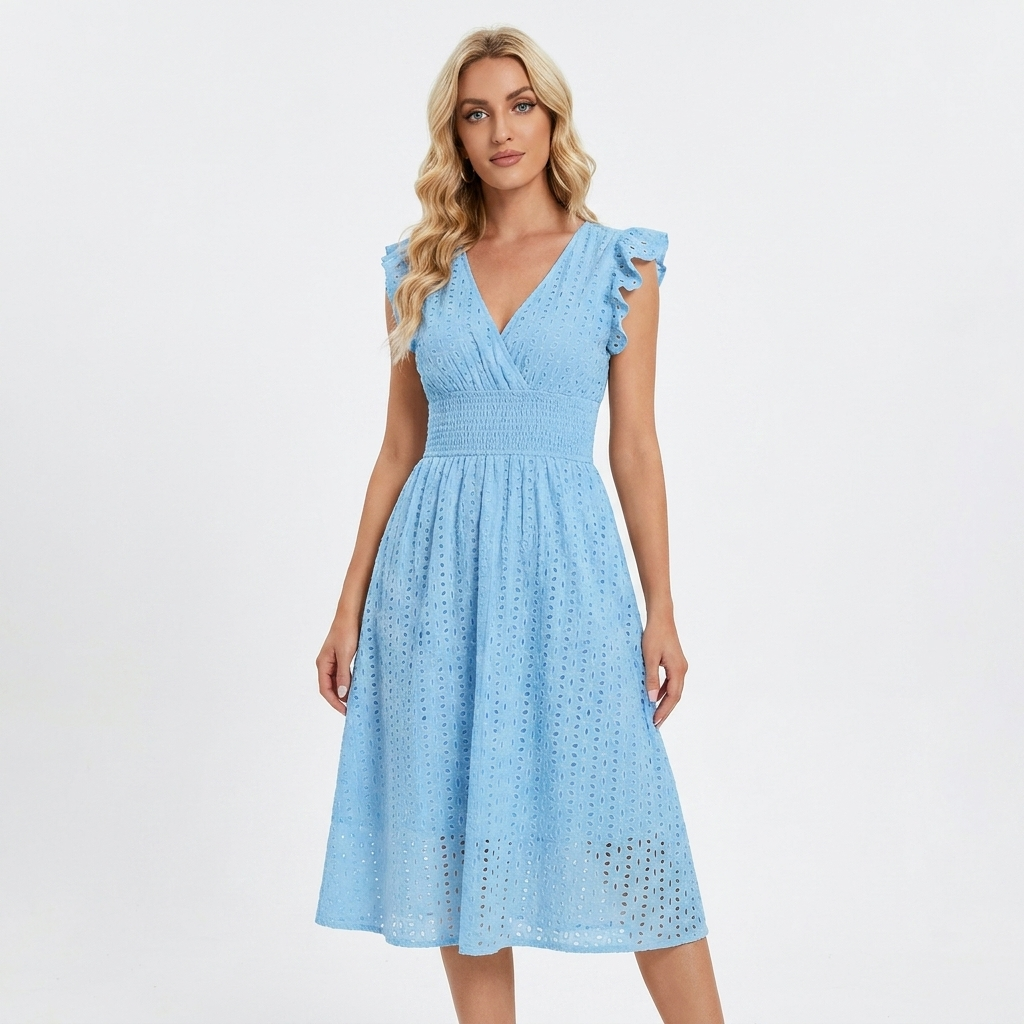 Women's Eyelet Cotton V-Neck Midi Dress Ruffle Sleeve Smocked Waist
