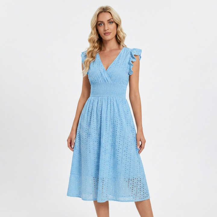 Women's Eyelet Cotton V-Neck Midi Dress Ruffle Sleeve Smocked Waist