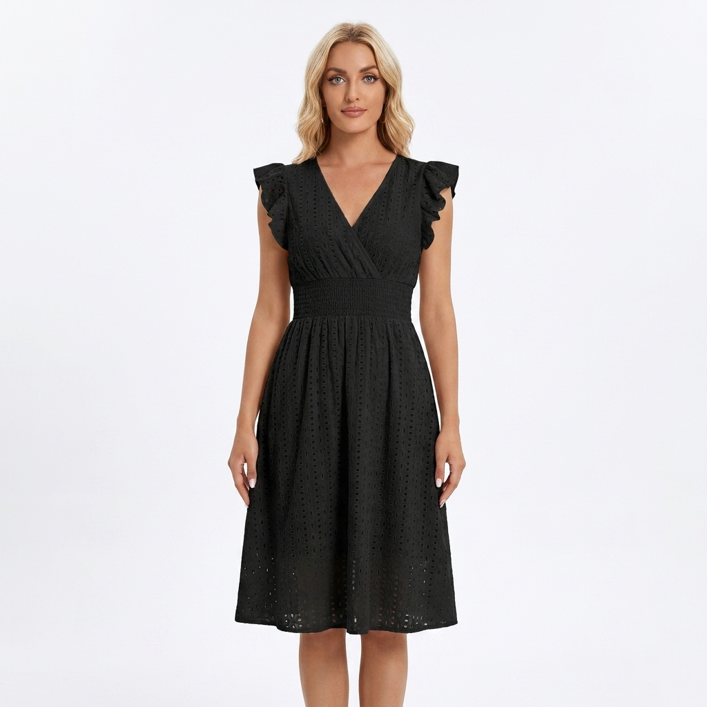 Women's Eyelet Cotton V-Neck Midi Dress Ruffle Sleeve Smocked Waist