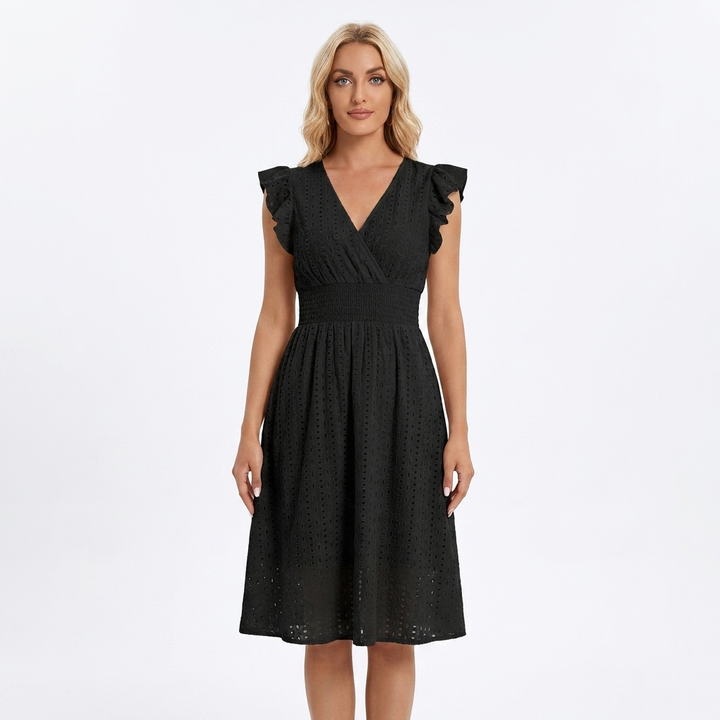Women's Eyelet Cotton V-Neck Midi Dress Ruffle Sleeve Smocked Waist