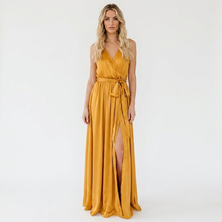 Women's Satin Wrap Maxi Dress Sleeveless Tie Waist Flowy
