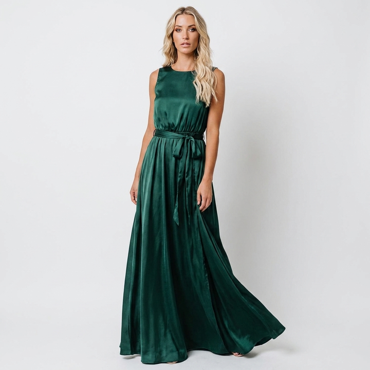 Women's Satin Wrap Maxi Dress Sleeveless Tie Waist Flowy