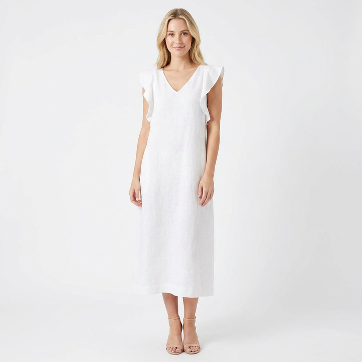 Women's Linen Maxi Dress V-Neck Relaxed Fit Flutter Sleeve