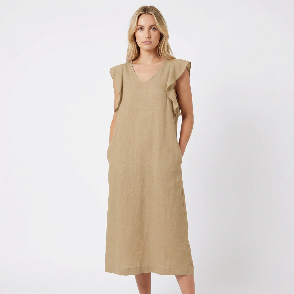 Women's Linen Maxi Dress V-Neck Relaxed Fit Flutter Sleeve