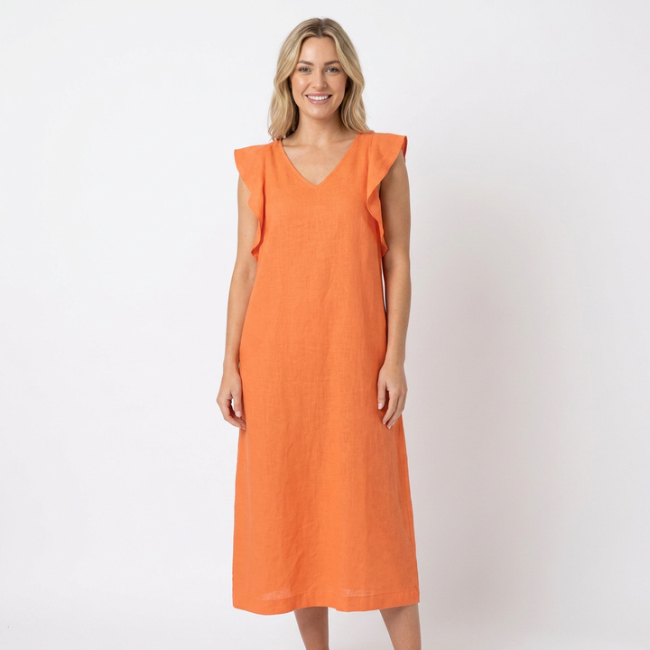 Women's Linen Maxi Dress V-Neck Relaxed Fit Flutter Sleeve