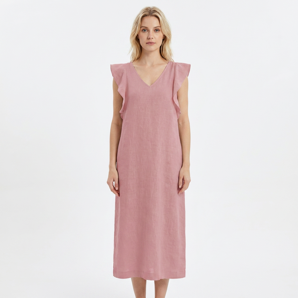 Women's Linen Maxi Dress V-Neck Relaxed Fit Flutter Sleeve