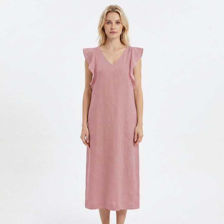 Women's Linen Maxi Dress V-Neck Relaxed Fit Flutter Sleeve