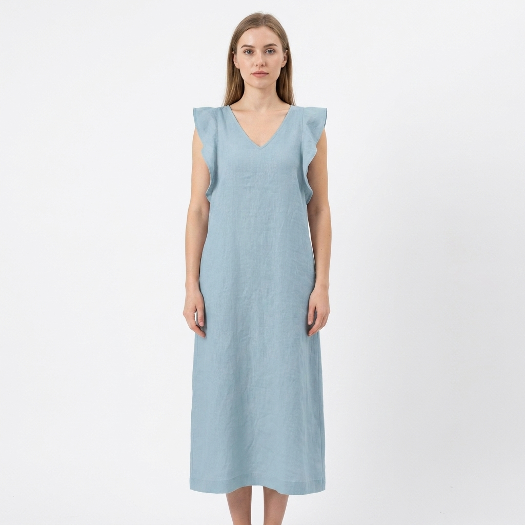 Women's Linen Maxi Dress V-Neck Relaxed Fit Flutter Sleeve