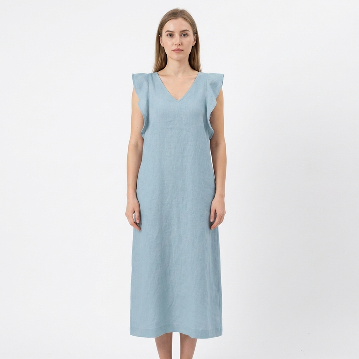 Women's Linen Maxi Dress V-Neck Relaxed Fit Flutter Sleeve