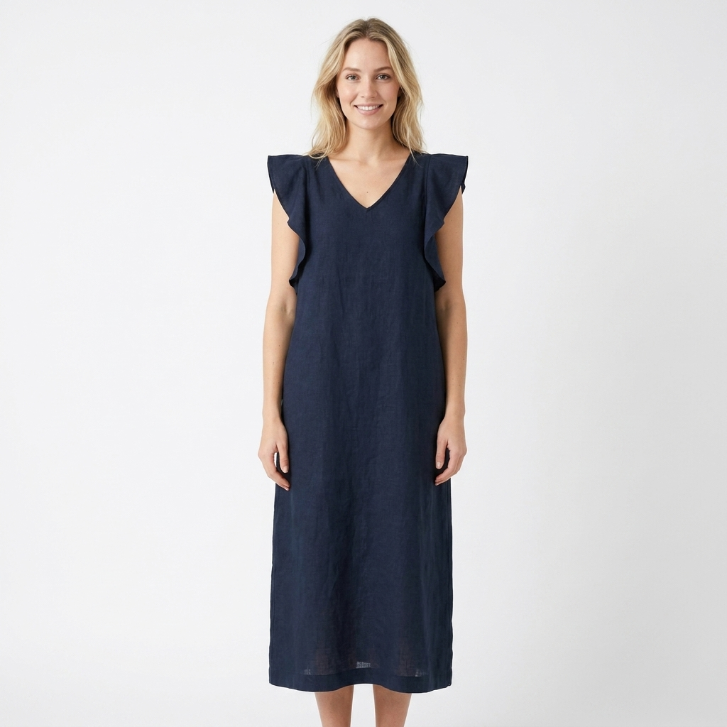 Women's Linen Maxi Dress V-Neck Relaxed Fit Flutter Sleeve