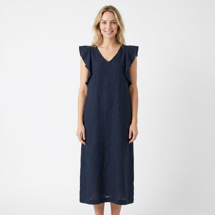 Women's Linen Maxi Dress V-Neck Relaxed Fit Flutter Sleeve
