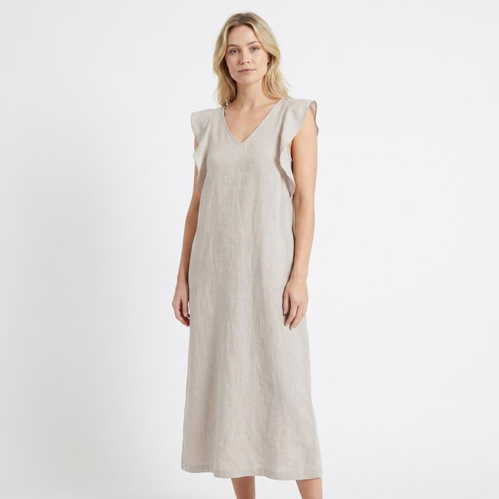 Women's Linen Maxi Dress V-Neck Relaxed Fit Flutter Sleeve